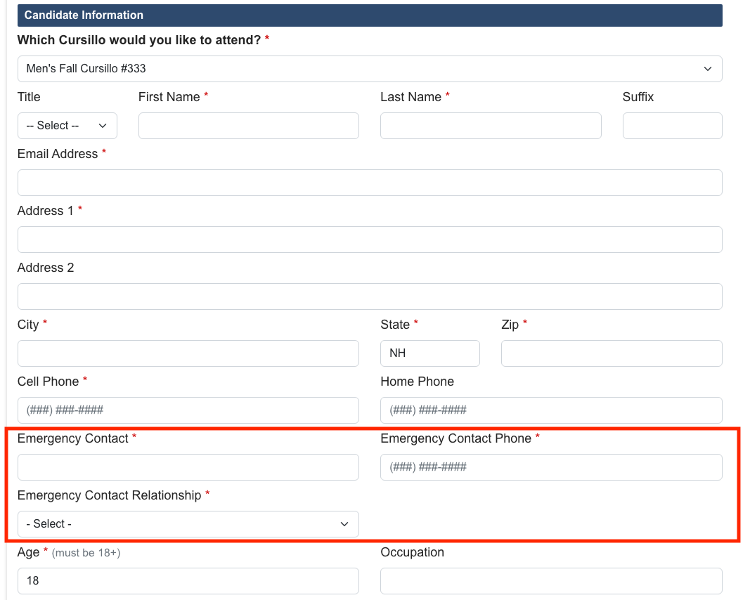 Emergency contact fields