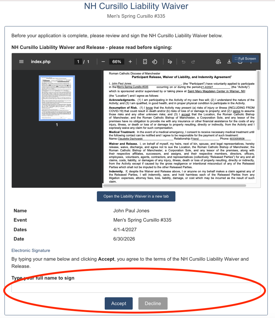 Waiver signature field and Accept/Decline buttons